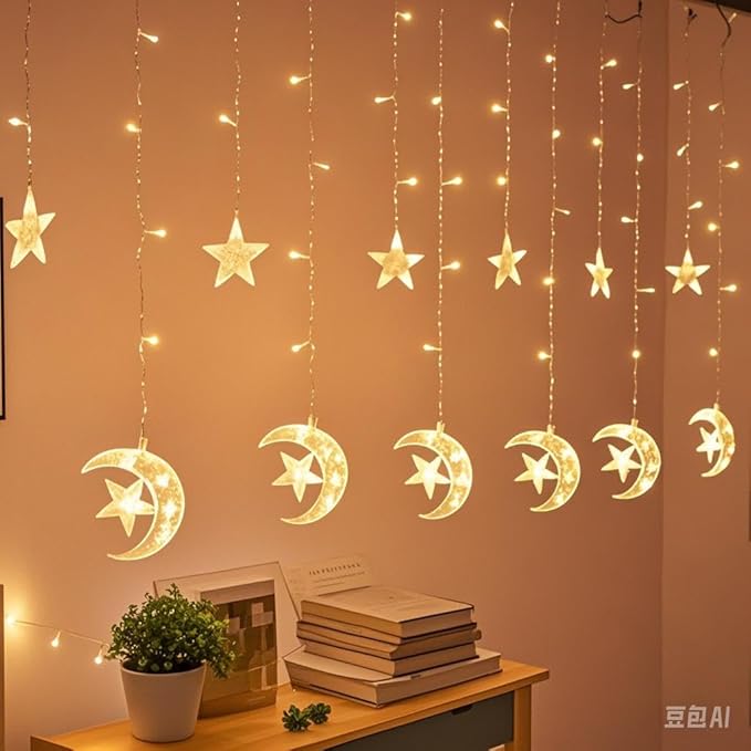 LED Starry Moon Light String Small Colored Light Starry Moon Curtain Light Outdoor Camping Courtyard Decorative Light (Moon Embraces Star)