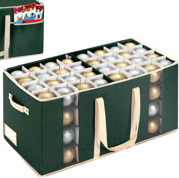 JY COOKMENT Christmas Ornament Storage Box with Adjustable Dividers and Side Pockets, Large Ornaments Storage Container Bin with Zippered Top for Xmas Decorations (128-3" Balls, Green, Without Tray)