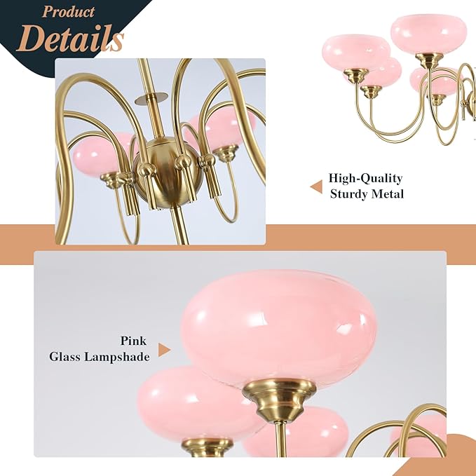 BOKT Gold Mid Century Chandelier Over Table 8-Light Pink Flush Mount Ceiling Light Fixture Kitchen Adjustable Height Ceiling Hanging Light Pink Globe Glass Chandelier for Dining Room Bedroom