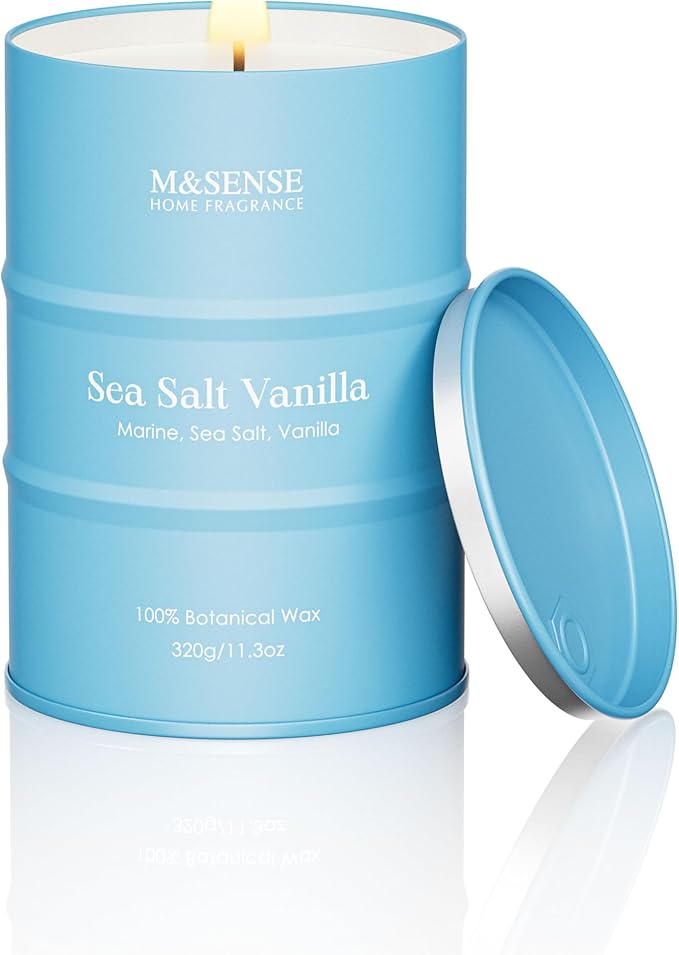 M&SENSE Sea Salt Vanilla Beach Scented Candles, Coastal Soy Candle, Summer Candle for Stress Relief Meditation Relaxing, Housewarming Gifts for Women Men, 11.3oz 70 Hour Long Burning