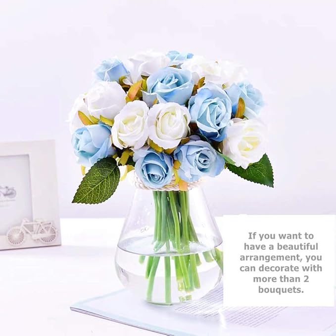 Jasion Artificial Roses Flowers 12 Heads Arrangement Silk Bouquet for Home Office Parties Bridal and Wedding Decoration (Blue and White)