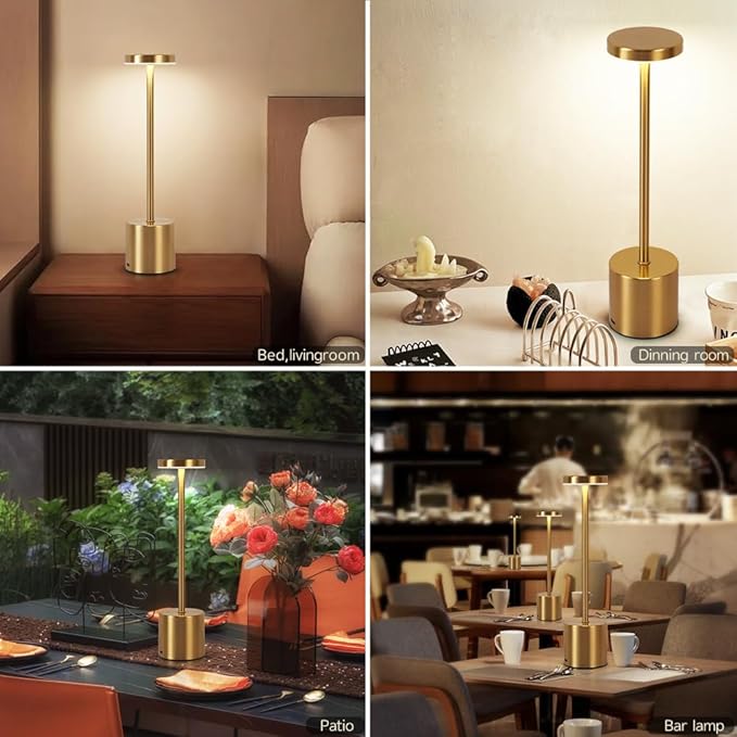 Rechargeable Cordless Table Lamp,Portable Outdoor 5000mAh Battery Operated LED Table Light Touch Control 3 Color Dimmable for Bedroom,Patio,Cofee,Camping,Dining,Restaurant&Livingroom-Gold