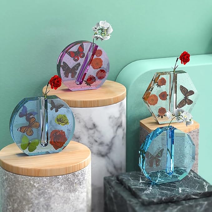 Flower Vase Resin Molds Silicone,4 Vase Molds + 8pcs Clear Flower Arrangement Tubes,for Inserting Fresh Flowers and Cultivating Plants,DIY Silicone molds for epoxy Resin vase,Vases Home Decor