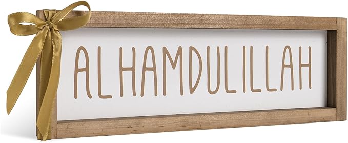 Alhamdulillah Sign, Wooden Ramadan Eid Mubarak Table Decor, Islamic Decorative Signage Wood Plaque Indoor Tabletop Centerpiece Wall Shelf Desk Mantel Rustic Decorations for Home, Muslim Gift