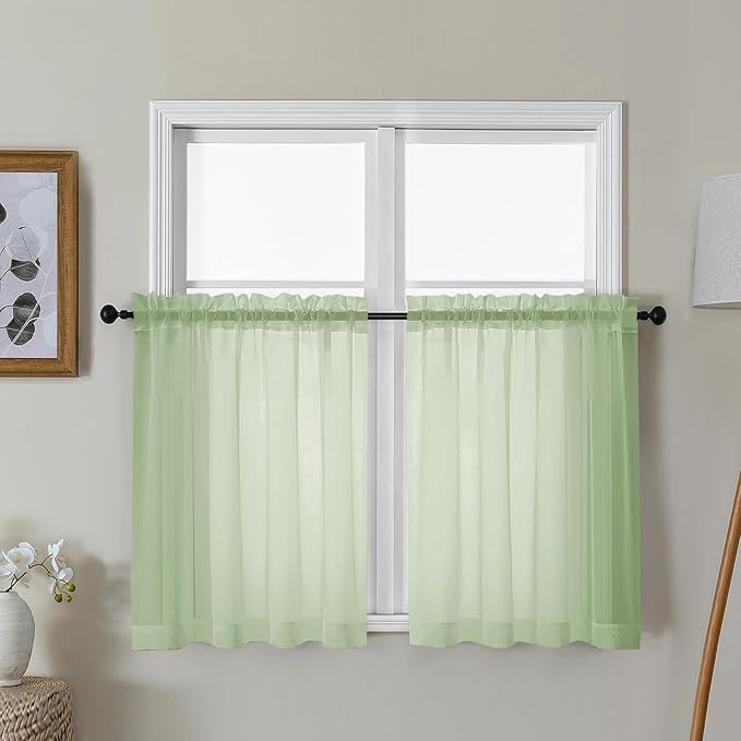 Gwine Light Green Sheer Curtains 30 Inch Length, Short Light Filtering Voile Small Cafe Kitchen Curtains with Rod Pocket, Short Curtain for Bathroom Window, 42x30 Inch, 2PCS