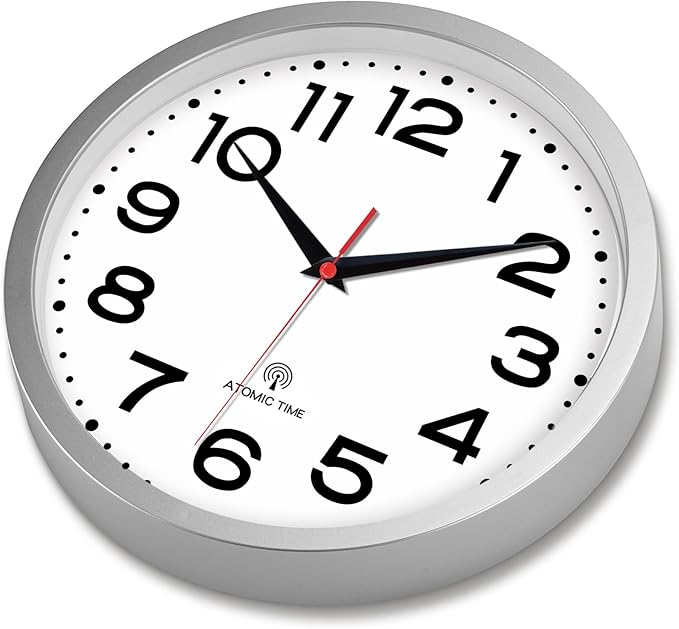 Atomic Wall Clock 10 Inch, Modern Clock Battery Operated Classic Analog Decorative for Kitchen, Living Room, Office, Bedroom, Bathroom (Silver)