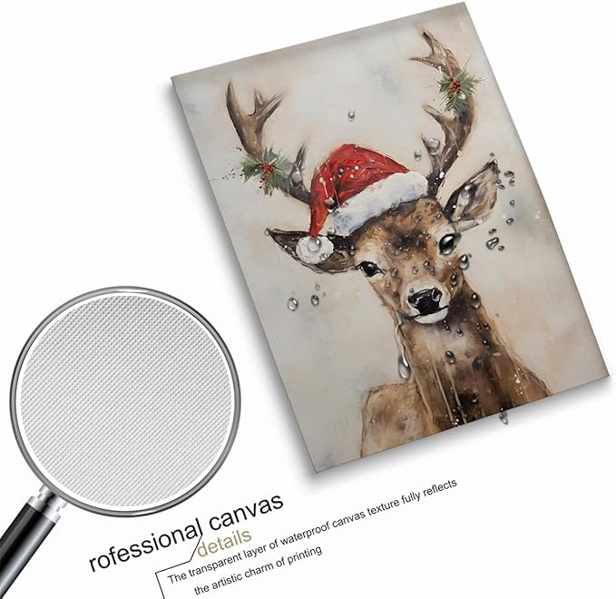 Christmas Reindeer Wall Art-Reindeer In Santa Hat Poster,Deer Painting,Christmas Reindeer Poster, Reindeer Still Life Painting, Vintage Holiday Art, Winter Farmhouse Decor12x16inch Unframed