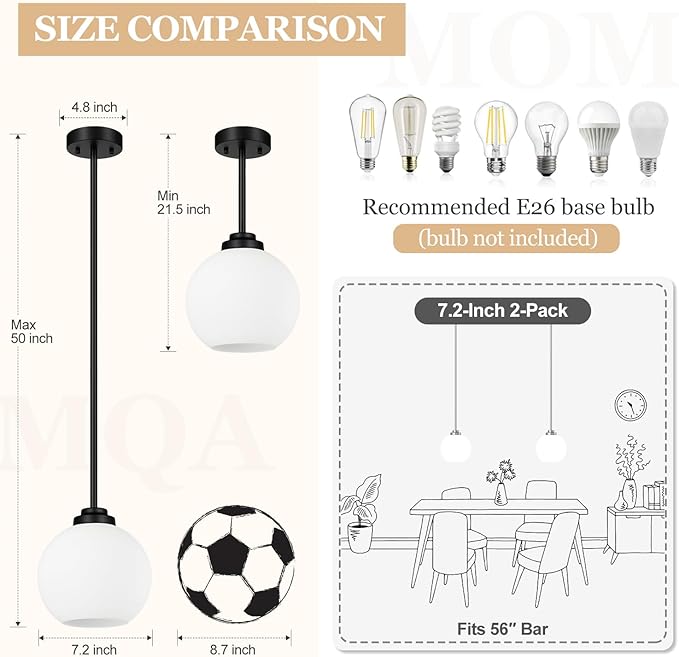 2 Pack 7.2-Inch Globe Pendant Lights, Mid Century Matte Black Pendant Light Fixtures, Globe Pendant Lights Kitchen Island with Milk Glass Shade Hanging Fixture for Dining Room Bulbs not Included