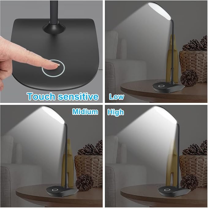 DEEPLITE LED Desk Lamp with Flexible Gooseneck 3 Level Brightness, Battery Operated Table Lamp 5W Touch Control, Compact Portable lamp for Dorm Study Office Bedroom, Eye-Caring and Energy Saving