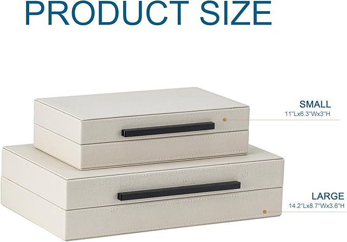 Set of 2 Beige Shagreen Decorative Storage Boxes with Black Metal Handles –Faux Leather Large Modern Stackable Nesting Jewelry Box with Lids Organizer