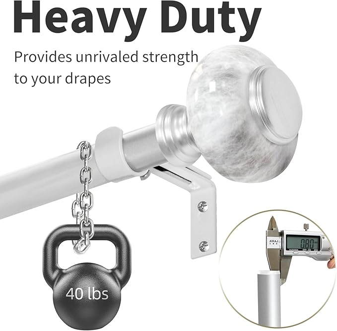 Sliver Curtain Rod for Windows 48 to 84 Inches(4-7ft): 1 inch Diameter Heavy-Duty Adjustable Curtain Rod with Marble Grain Finials For Bedroom & Livingroom