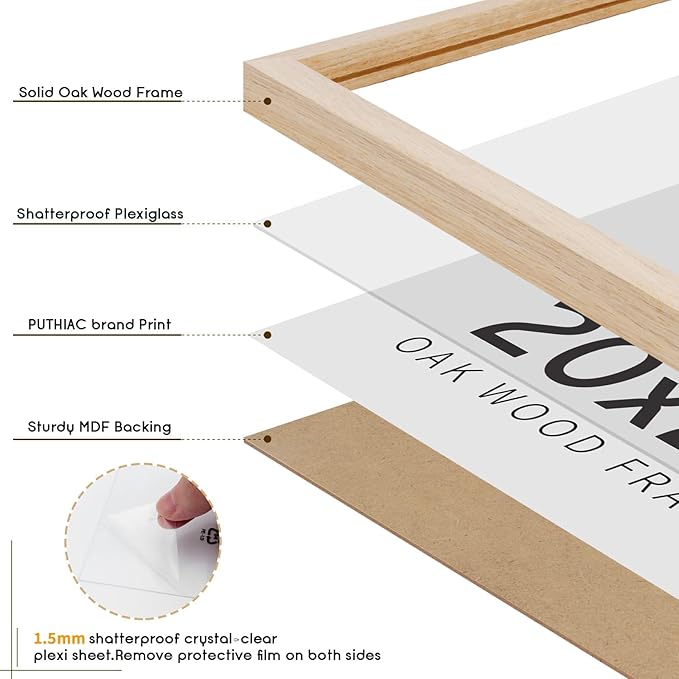 puthiac 20x24 Oak Wood Picture Frames -20"x24" Poster Frames for Wall, 20x24 Picture Frame for Wall, 20 x 24 Photo Frame, 20 x 24 Frames (1 Pack, Beige)