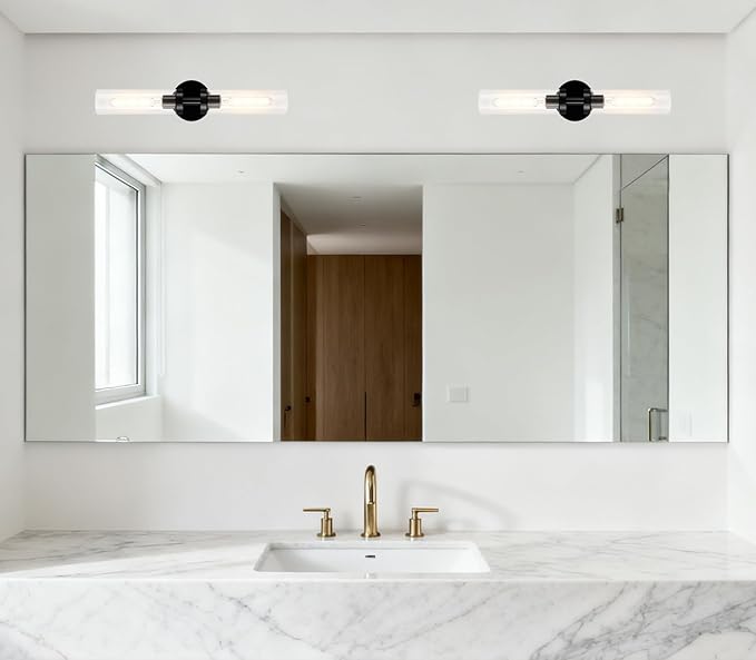 AT-VALY Wall Sconces Set of Two,Vanity Light Fixtures with Clear Glass,Modern Sconces Wall Decor for Bathroom, Living Room Mirror (Matte Black)