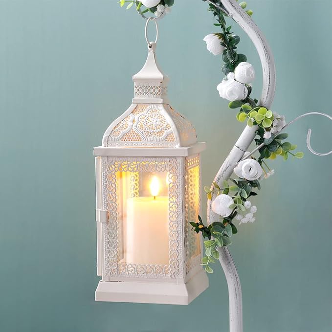 TRIROCKS Rustic Style Metal Candle Lantern 13'' High Decorative Outdoor Lantern Candle Holder with Tempered Glass for Home Living Room Garden Patio Parties Indoors Outdoors (Cream)