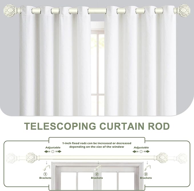 White Curtain Rods for Windows:Farmhouse Boho Decorative Curtain Rod for Bedroom Living Room,Heavy Duty Adjustable Rustic Drapery Rods with Vintage Coastal Texture Finials,Antique White 66-120"