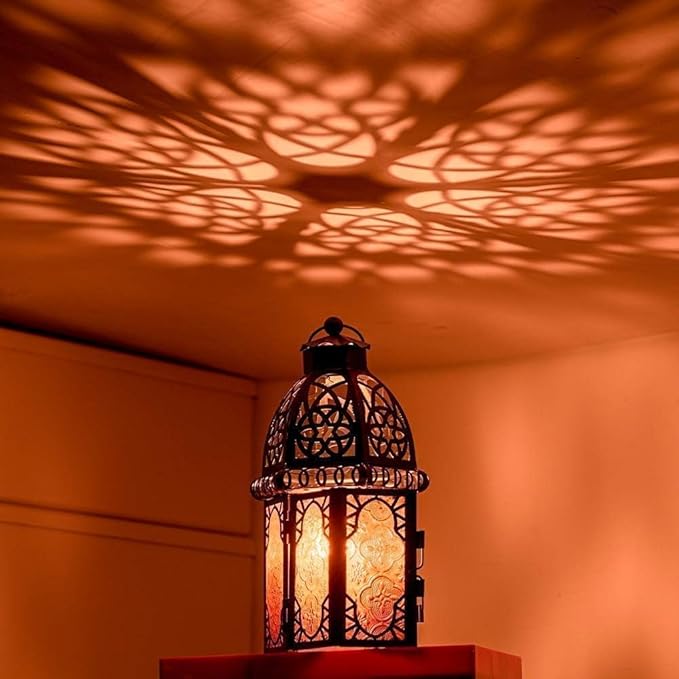 DECORKEY Set of 2 Moroccan Lanterns Decorative Indoor & Outdoor, 11’’ Medium Size Vintage Metal Hanging&Tabletop Candle Holder Decor, Halloween Christmas Ramadan Decorations for Home (Amber)