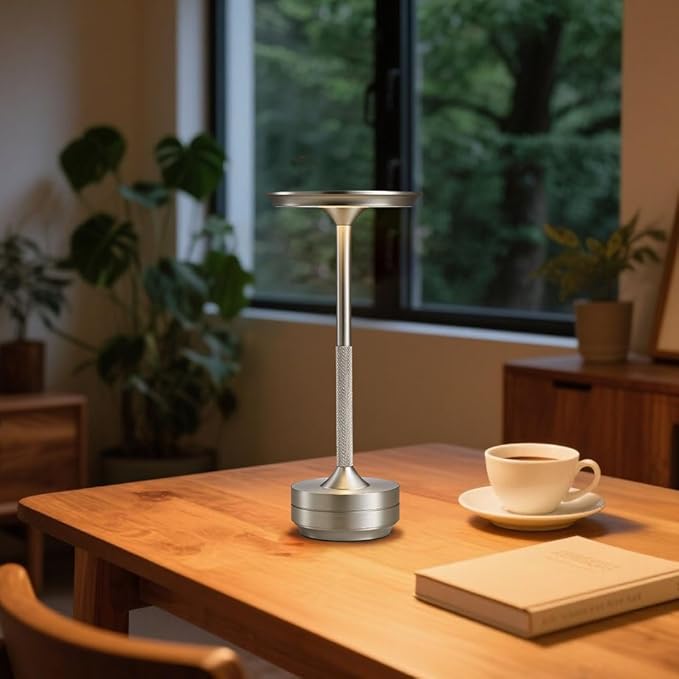 EJQ Cordless Rechargeable Table Lamps, Portable 6000mAh Battery Desk Lamp Waterproof 3 Color Stepless Dimming LED Table Light with Memory Function for Outdoor/Dinning/Patio/Restaurant (Sliver 1Pack)