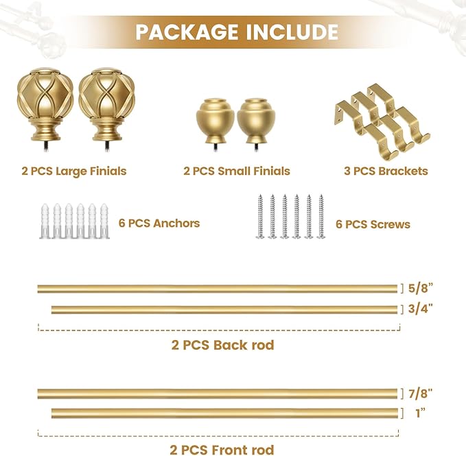 KAMANINA 1 Inch Double Curtain Rods for Windows 72 to 144 Inches (6-12 Feet)，Warm Gold Heavy Duty Double Curtain Rod, Telescoping Drapery Rod with Netted Texture Finials