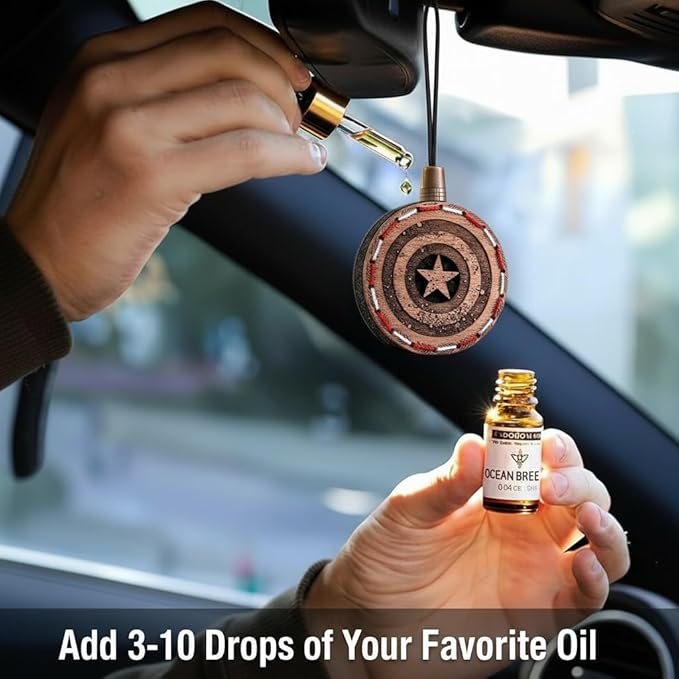 Wood Car Air Freshener — Handmade Car Air Freshener — Captain Shield Designed Fragrance Oil Diffuser in Wooden Gift Box — Aromatherapy Gift Set with Ocean Breeze Fragrance Oil - 10 ml