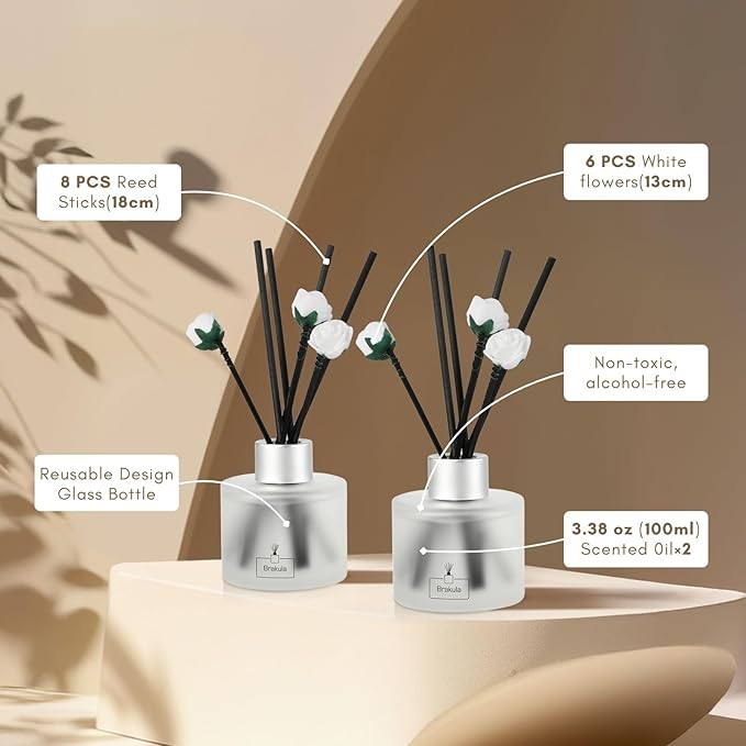 Brakula 2 Pack Reed Diffuser Set, White Jasmine Scented, Home Fragrance with 14 Sticks Bathroom Decor, Reed diffusers for Home 6.76 fl oz (White Jasmine)