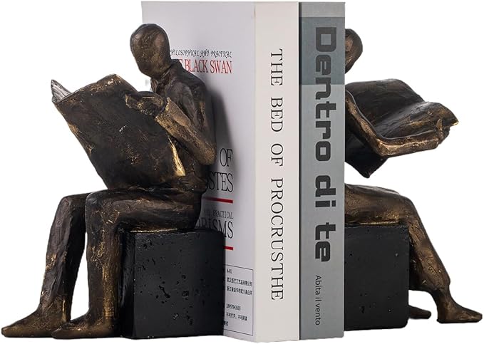 Lukitas Decorative Newspaper Reader Bookends, Heavy Duty Book Holder Non-Slip, Vintage Home Décor Accessories for Study Office Bookshelf, Bronze, Resin, 1Pair/2Piece 8''
