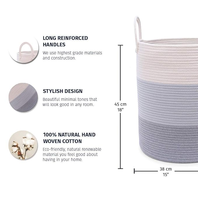 OrganiHaus Large Gray Woven Laundry Basket w/Handles 52L, Rope Dirty Clothes Hamper, Blanket Basket for Living Room, Baby Laundry Hamper for Nursery, Soft & Durable Decorative Organizer Bin