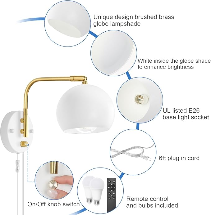 Wall Sconce with Remote Control, Plug in Wall Sconces Dimming 0-100% and Adjustable Color Temperature 2700K-6000K, Brushed Brass White Globe Swing Arm Wall Lights with Plug in Cord(2 Bulbs)