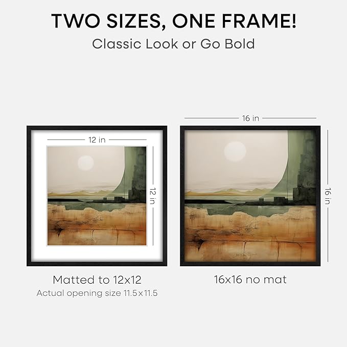 Homeforia 16x16 Black Wood Frame, High End Oak 16 x 16 Square Picture Frames with Mat 12 by 12 inches Photo, 16by16 Black Wooden Poster Frames Matted to 12x12 Print, Tempered Glass, Wall Kit, Set of 3