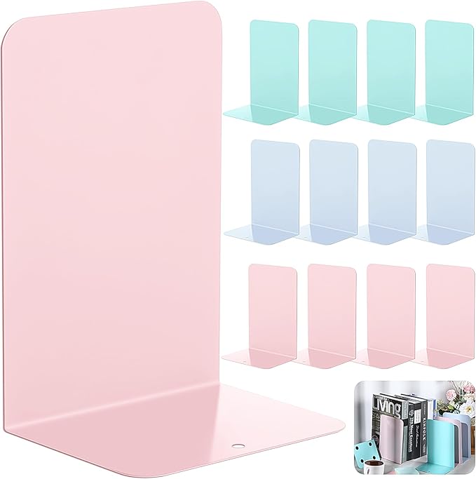 6 Pairs Metal Bookends Book Stopper for Shelves Office Book Holder Library Bookend for Heavy Books Desk Home Bookshelf School (Macaron Colors)