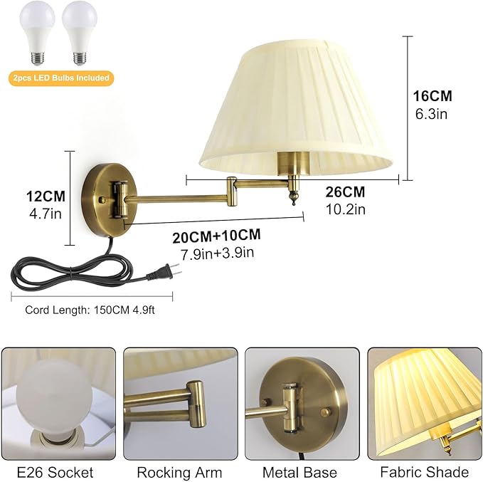 Indoor Wall Sconce Plug in Swing Arm Wall Lamp Bronze Wall Light Fixtures with Beige Fabric Shade Bedside Lights for Bedroom Hallway Study Room Living Room Reading Light