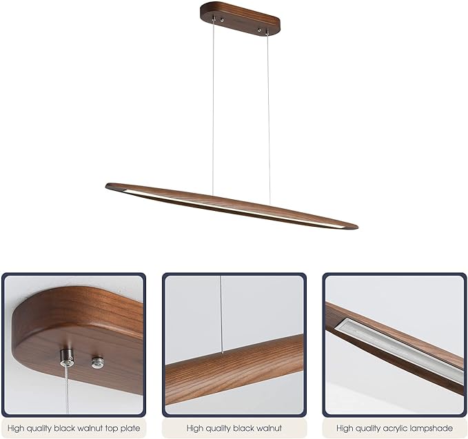 71" Wood Linear Pendant Light Wood Linear Dinning Room Light Island Lights LED Dimmable Chandelier 40w for Dining Room Billiard & Pool Table Walnut Color
