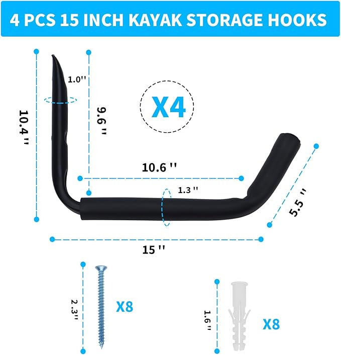 4 Pack Kayak Wall Mount Rack, Heavy Duty 120 LBS Garage Storage Hooks, 15 Inch Wide Utility Hangers for Canoe, SUP, Surfboard, Ladders, Lumber & Tools (Black)