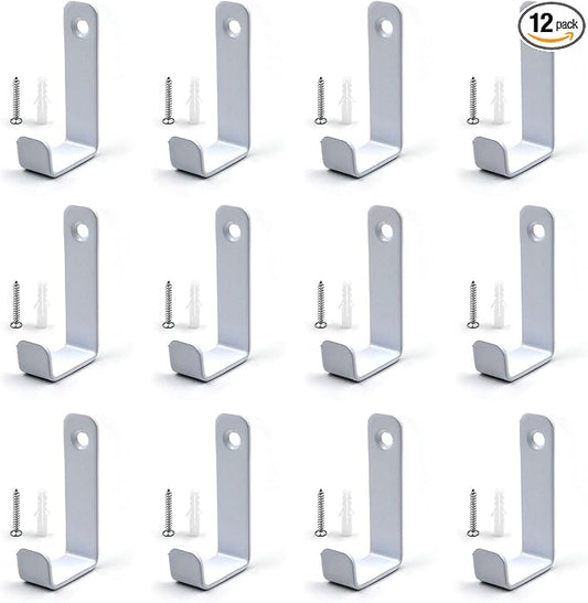 (12 Pack) Heavy Duty Steel Wall J Hooks with Double Hole Screws Stronger Installation for Hanging Home, Office, Garage, Bathroom, Dressing Rooms, Wall-Mounted Coat Racks (White-Single Hole)