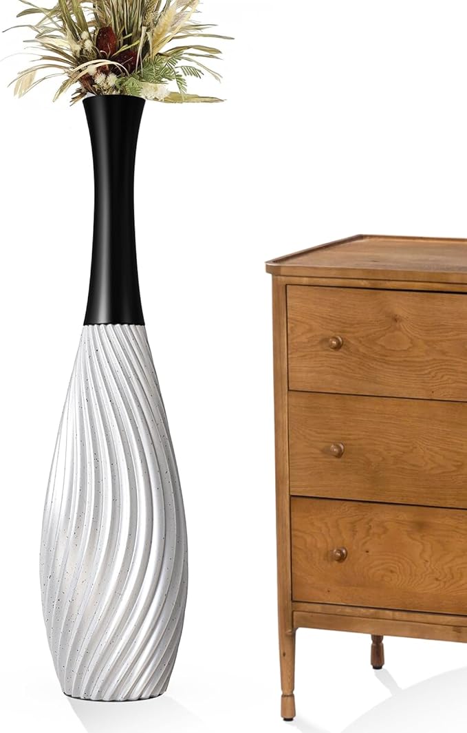 23.6" Silver Tall Vases - Black Neck Teardrop Tall Floor Vase with Textured Vertical Lines & Speckled Finish, Modern Decorative Floor Vase for Living Room, Office, Wedding Decor - Resin