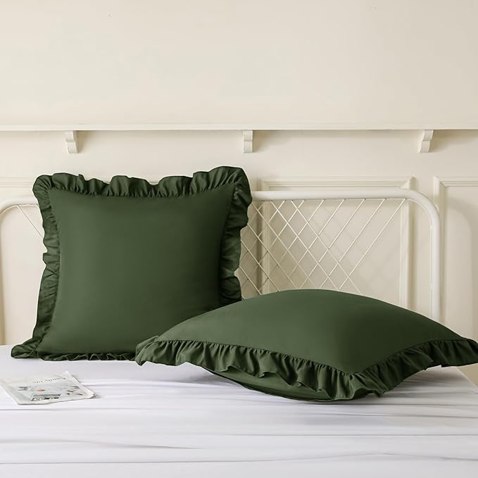 KKJIAF Ruffle Pillow Cases 26x26 Inches, Olive Green Square Ruffled Pillow Covers Set of 2, Microfiber Wrinkle Resistant Pillow Shams with Envelope Closure for Sofa Bed Living Room