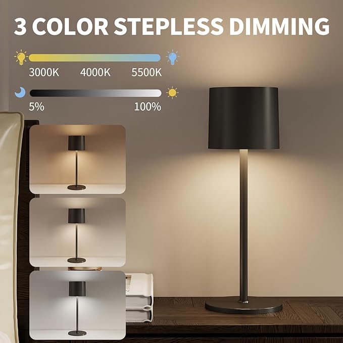 Cordless Table Lamp, Portable LED Desk Lamps, 2 Adjustable Height, 4400mAh Battery Powered Rechargeable Light, 3 Color Stepless Dimming Up,for Restaurant, Bedroom, Outdoor Camping (Black)