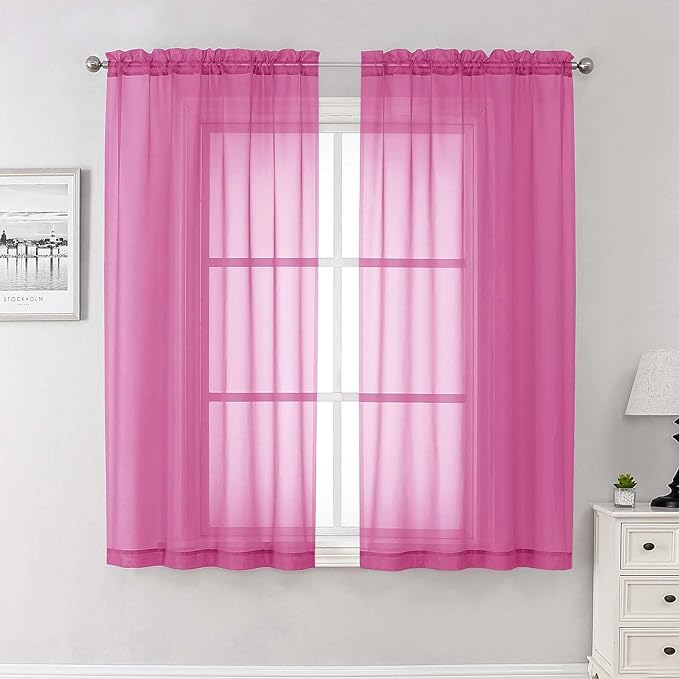 Lecloud Hot Pink Sheer Curtains 63 Inch Length 2 Pcs, Solid Voile Long Light Filtering Curtains for Living Room, Dual Rod Pocket Home Decor Drapes for Bedroom Dining Room, Each Panel 42" W x 63" L