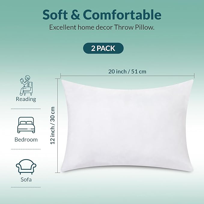 ROYALE LINENS 12x20 Pillow Insert - Down Alternative Throw Pillows Insert - Rectangle Pillow Pack of 2 White - Bed & Couch Pillows - Inner Cushion for Bed, Cushion for Living Room - Shams Stuffer