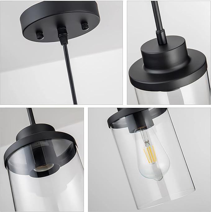 Modern Black Farmhouse Clear Glass Cylinder Pendant Light Fixture, Single Hanging Pendant Lighting for Kitchen Island, Dining Room, Bedroom & Hallway(3 Packs)