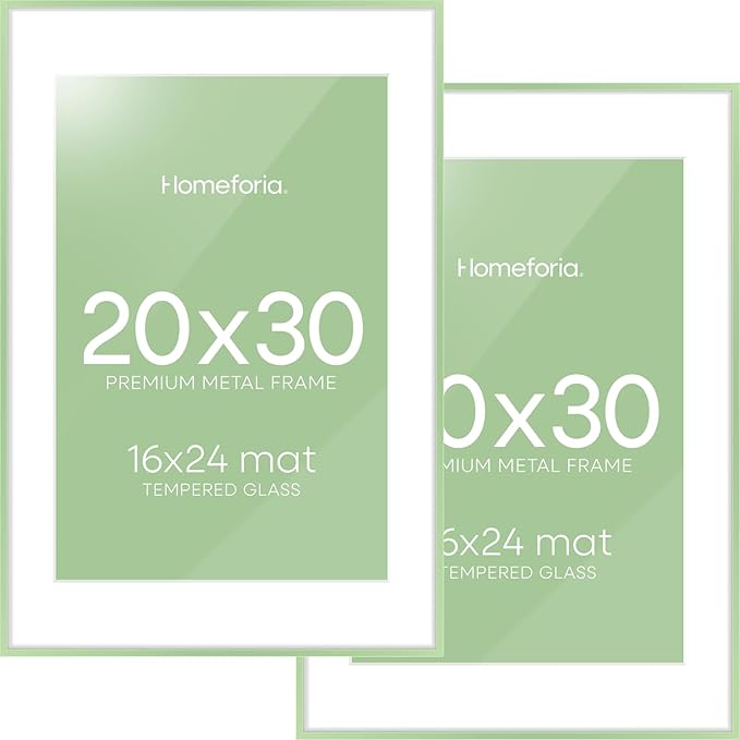 Homeforia 20x30 Frame Sage Green, High End Metal 20x30 Picture Frames with Mat 16x24 inch Photo, 20 x 30 Sage Green Poster Frame Matted to 16 by 24 Art, 30x20 Frame, Tempered Glass, Wall Kit, Set of 2