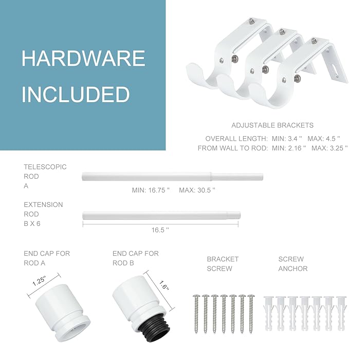 Curtain Rods for Windows 16 to 120 Inches Adjustable Length 1 Inch Diameter Window Curtain Rod with Aluminium End Cap, White