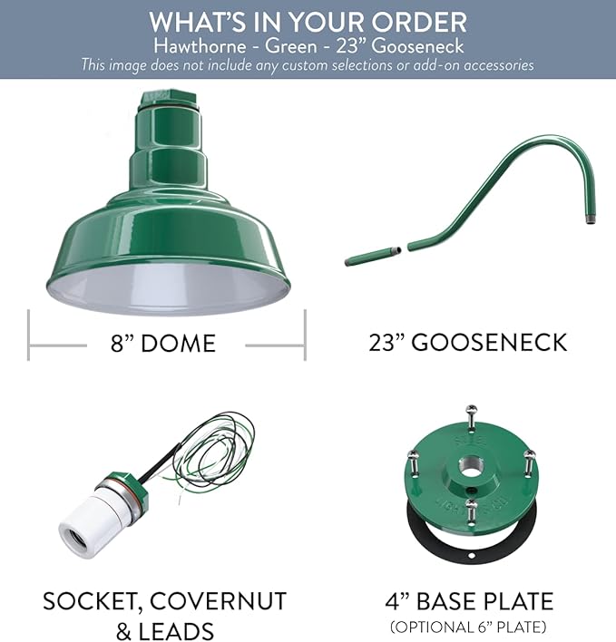 Steel Lighting Co. Hawthorne Barn Light | Outdoor Wall Mounted | 8 inch Dome | 23 inch Gooseneck| Small Farmhouse Light Made in America | Green Exterior/White Interior