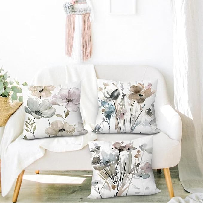 COMMINY Brown White Grey Pillow Covers 20x20 Set of 6 Flower Throw Pillow Cover for Couch Modern Decorative Watercolor Floral Cushion Cover for Sofa Bedroom Living Room Farmhouse Home Decor