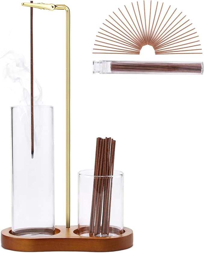 Incense Holder, 2 in 1 for Sticks with Detachable Anti-Ash Flying Incense Burner with Glass Ash Catcher andSticks Organizer Handmade Wooden Tray for Meditation Yoga Room Decor Package