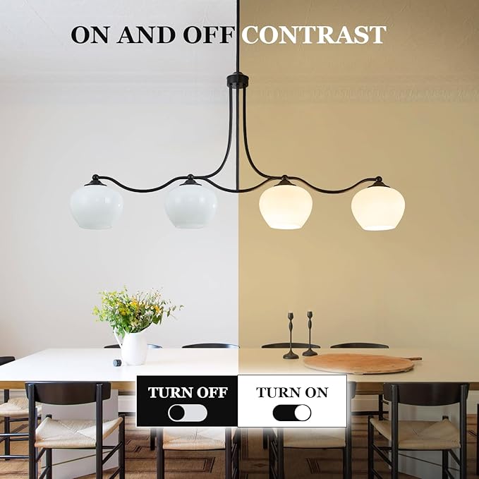 4 Lights 22.4" Kitchen Island Lighting Matte Black Dining Room Light Fixture Adjustable Rods Farmhouse Chandelier Pendant Lighting with Opal Glass Lampshade for Kitchen Over Table Living Room Entry