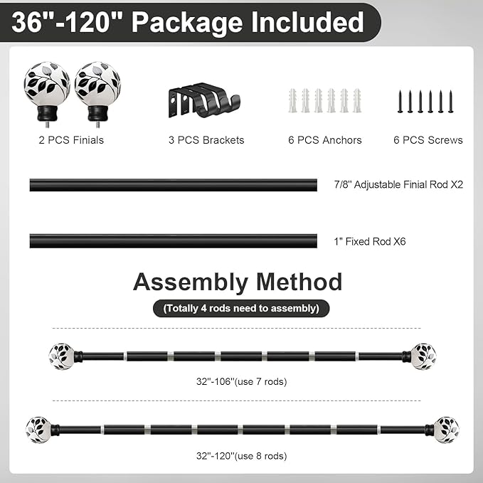 Ceramic Curtain Rods Black for Windows 66 to 120 Inches Adjustable Length Heavy Duty 1" Diameter Window Curtain Rod with Modern Leaf Pattern Decorative Finials for Bedroom Kitchen Living Room