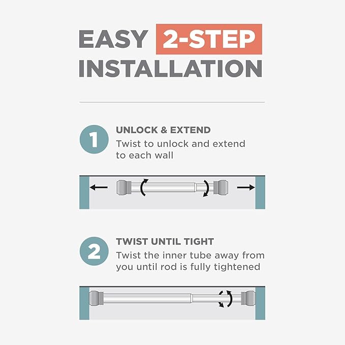 Zenna Home Tension Shower Curtain Rod, No Drill Adjustable Tension Curtain Rod for Bathroom, Rust Resistant, Easy Install Expandable Shower Curtain Rods, 36 to 60 Inches, White