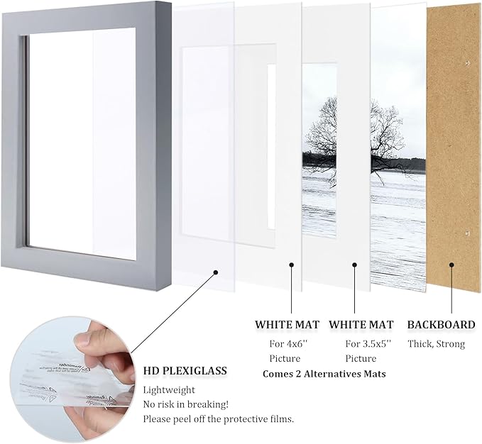 Egofine 5x7 Picture Frames Covered by Plexiglass, 4 Pack for Picture 4x6 with Mat or 5x7 whitout Mat Made of Solid Wood for Table Top Display and Wall Mounting Photo Frame, Light Gray