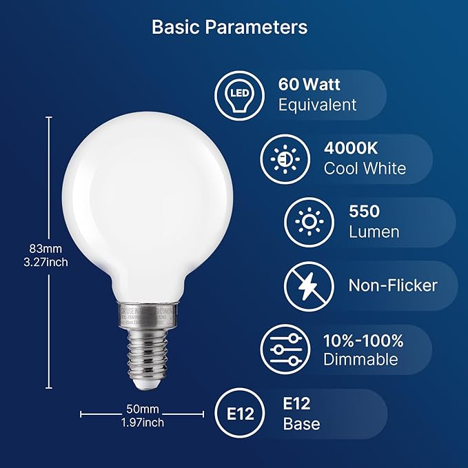 FLSNT Dimmable LED Candelabra Bulbs 60W Equivalent, G16 1/2 LED E12 Chandelier Light Bulbs for Bedroom, Bathroom, 550LM, CRI90, 5.5W, AC 120V, 6 Pack, 4000K Cool White