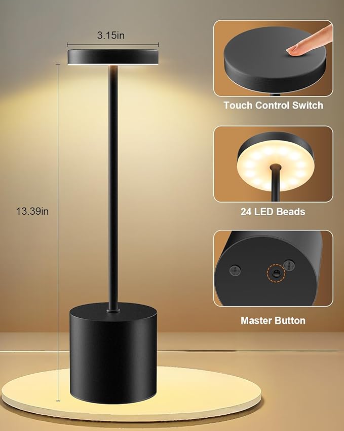 Cordless Table Lamps Rechargeable, Portable LED Desk Lamp, 5000mAh Battery Powered Wireless Table Light - 3 Color Dimmable Lighting for Restaurant Dining Patio Outdoor Bedroom(Black)